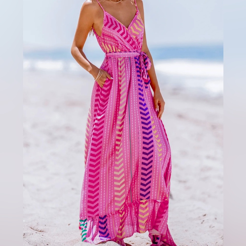 Cupshe Vibrant Pink Sleeveless Chevron Print Maxi Dress w/Pockets - Picture 2 of 14